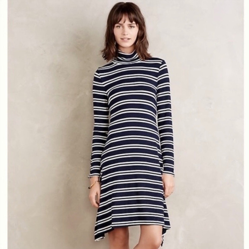 Anthropologie MAEVE Navy Blue White Striped Turtleneck Jersey Knit Dress‎ Small